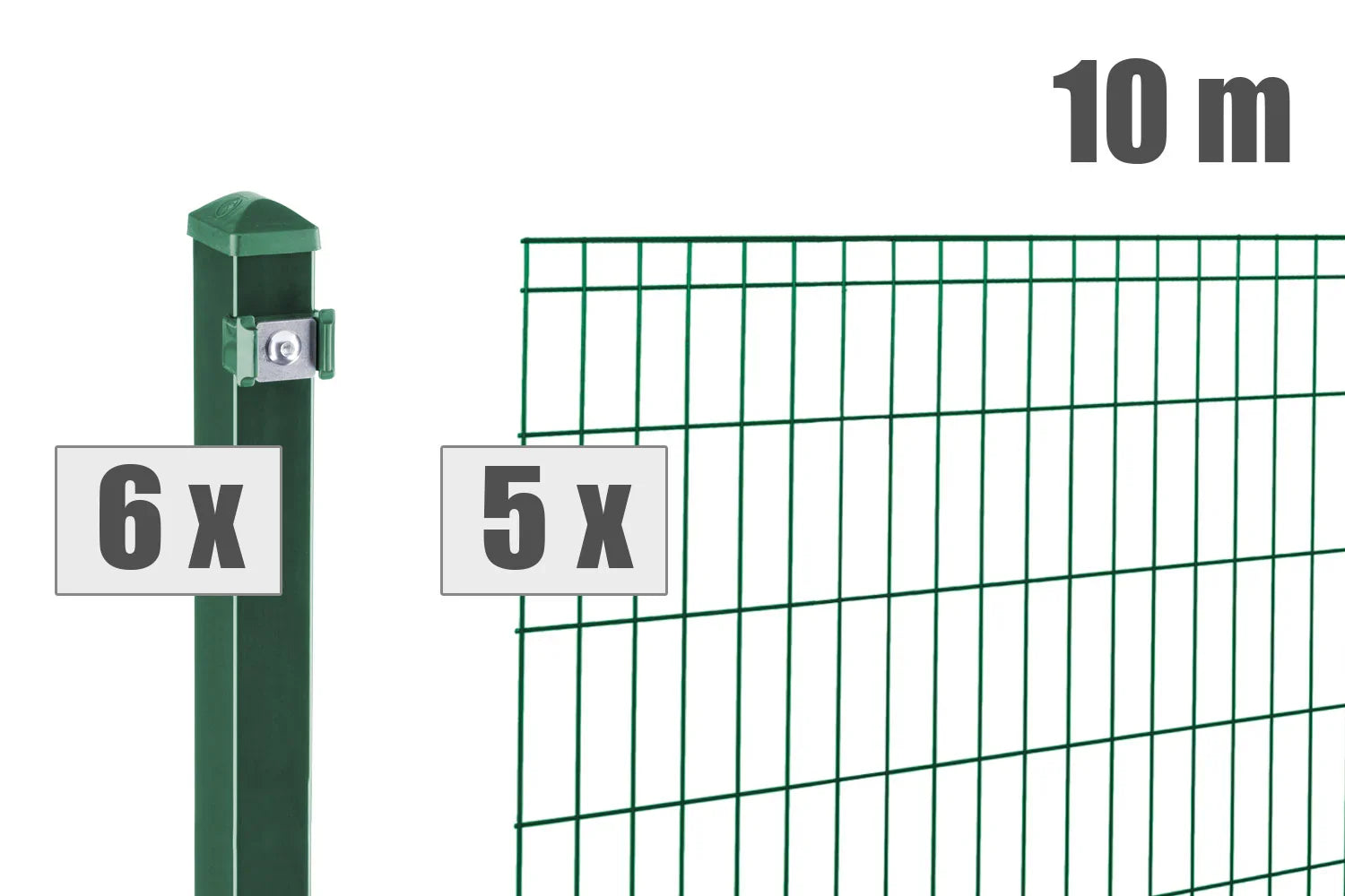 Grünes Doppelstabmattenzaun Set mit 6 Pfosten und 5 Zaunfeldern, 10 Meter Länge.