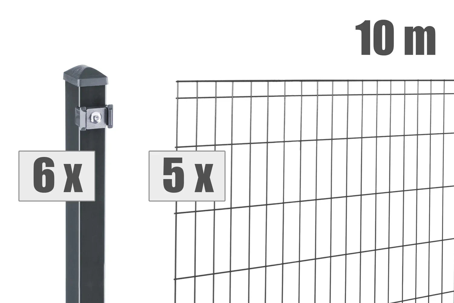 Doppelstabmattenzaun Set mit 5 Zaunfeldern, 6 Pfosten, 10 Meter Länge, anthrazit, Metallzaun