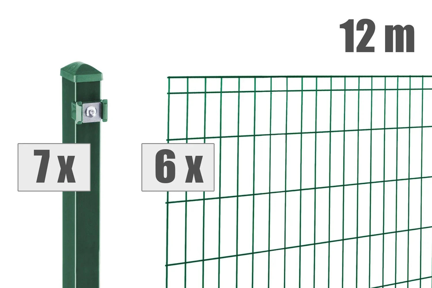 Grüner Doppelstabmattenzaun mit 7 Zaunpfosten und 6 Zaunelementen, 12 Meter Länge