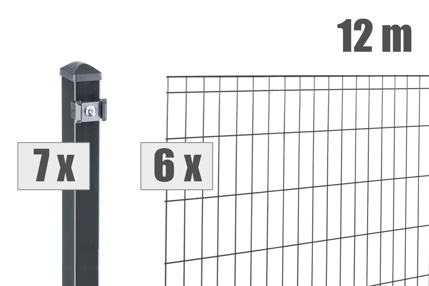 Doppelstabmattenzaun Set mit 6 Zaunfeldern und 7 Pfosten, Gesamtbreite 12 Meter, anthrazit, Metallzaun.