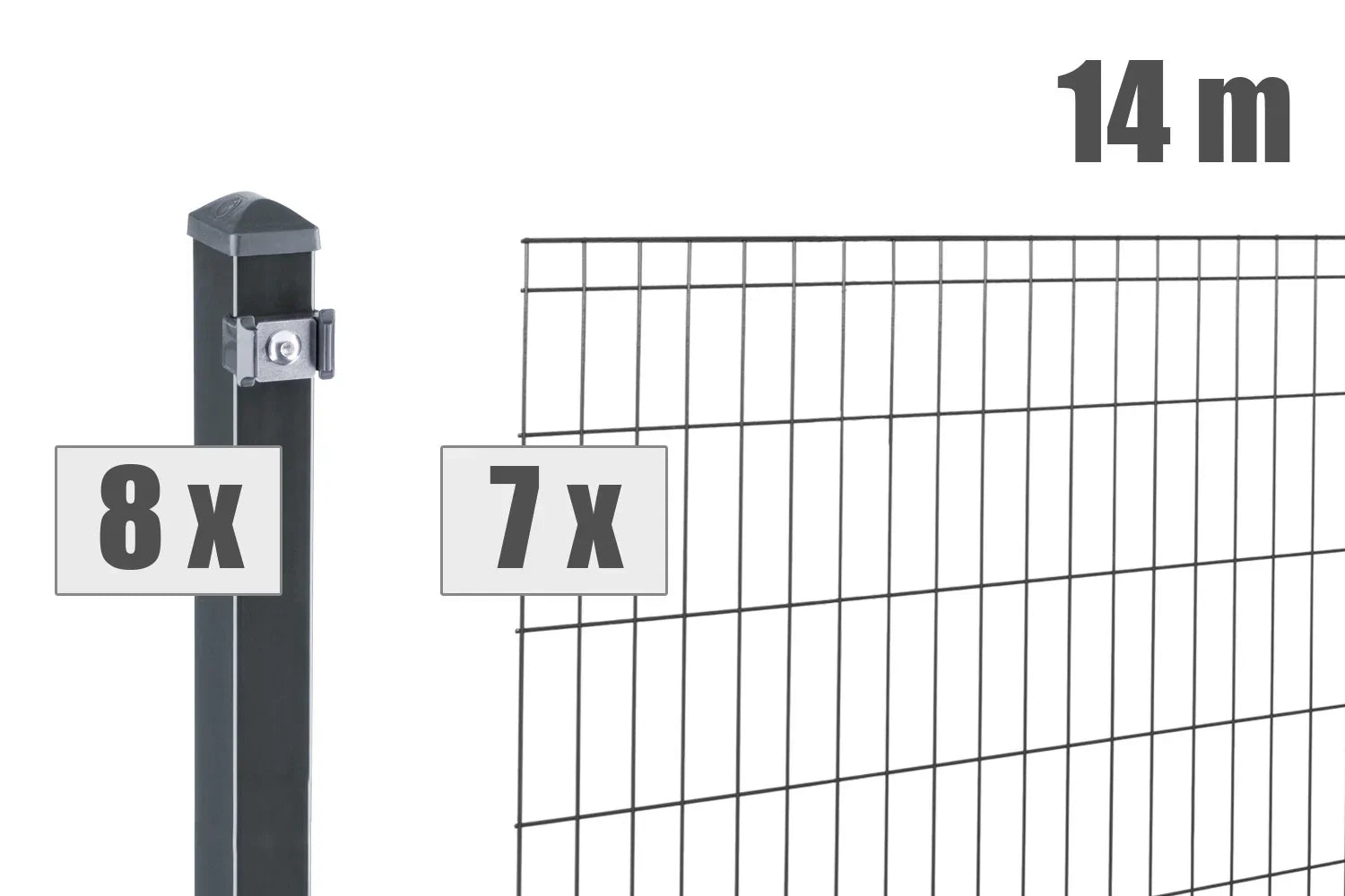 Doppelstabmattenzaun Set 14m, 7 Zaunmatten und 8 Pfosten, anthrazit, stabile Metallzaunlösung
