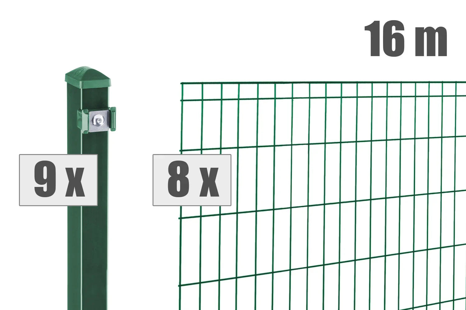 Doppelstabmattenzaun Komplettset grün, 16 m Länge, 8 Zaunmatten, 9 Pfosten, Metallzaun für Garten und Grundstück