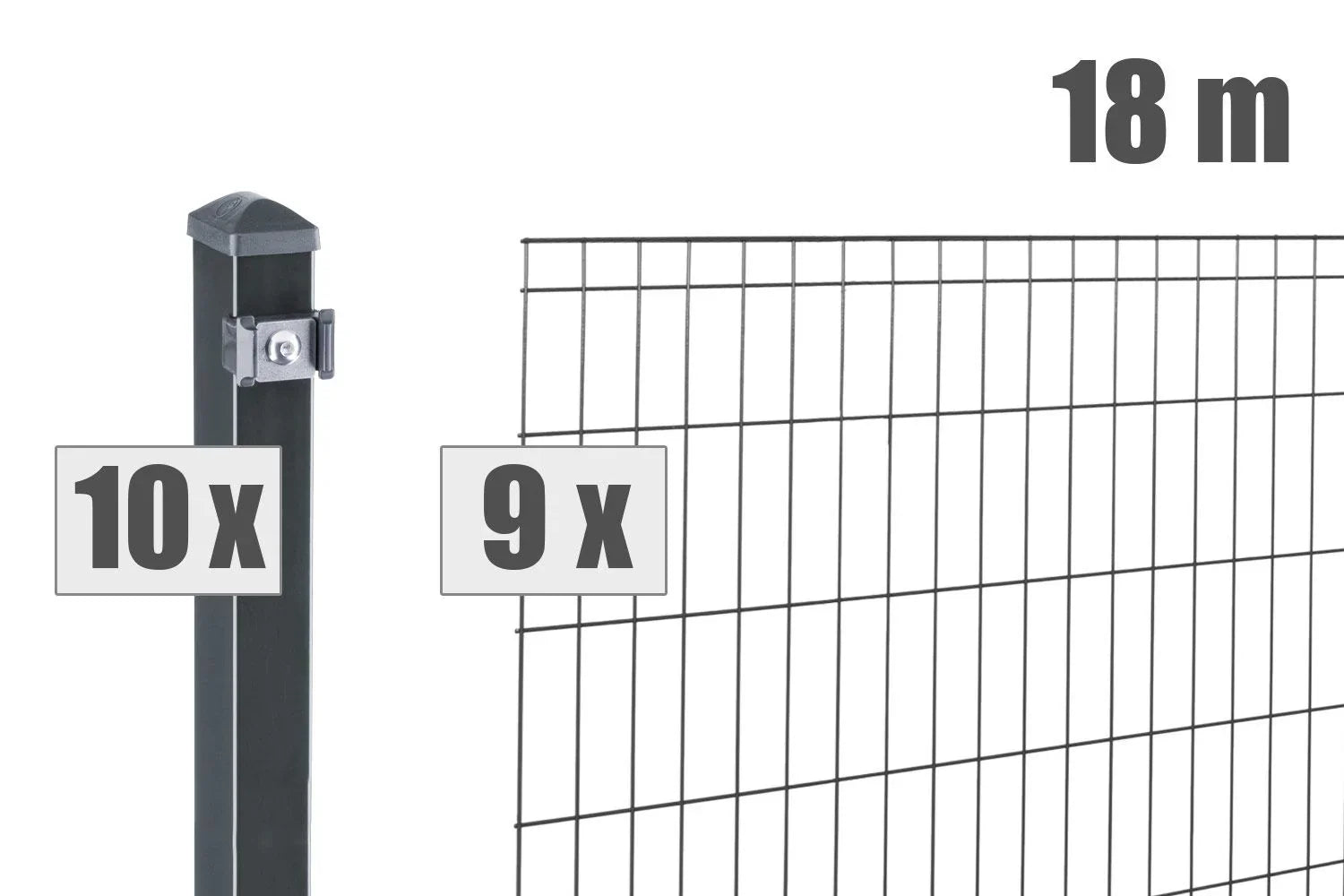 Doppelstabmattenzaun Set mit 10 Pfosten, 9 Zaunfeldern, 18 Meter Länge, anthrazitfarben