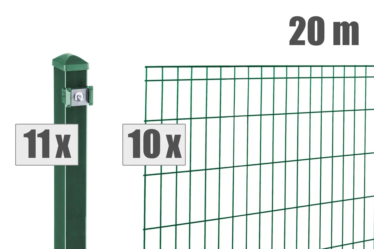 Grüner Doppelstabmattenzaun Komplettset 20 Meter mit 10 Zaunelementen und 11 Pfosten