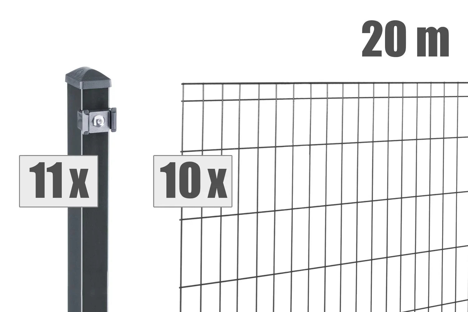 Doppelstabmattenzaun Set, anthrazit, 20 Meter, mit 10 Zaunelementen und 11 Pfosten