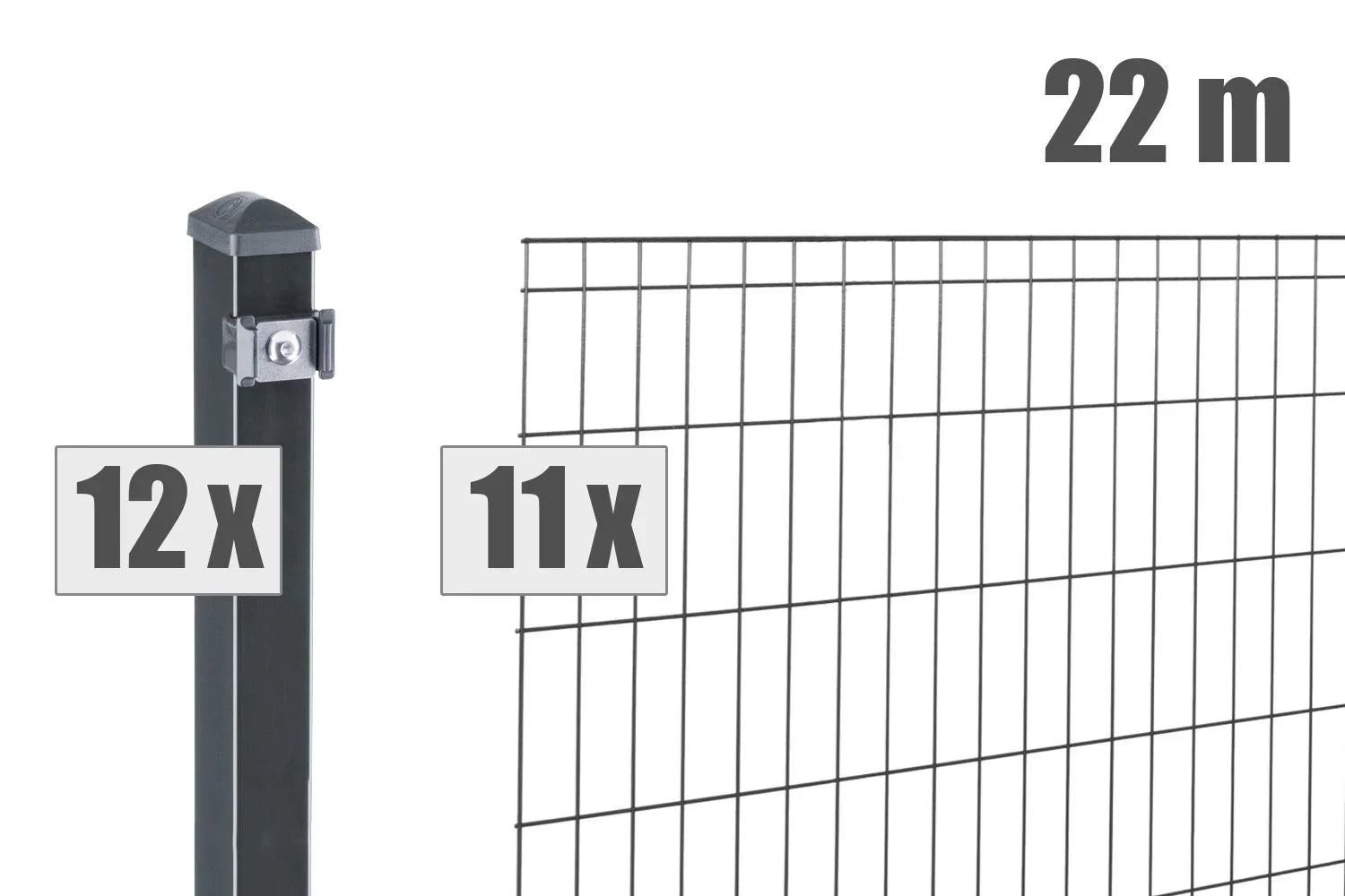 Doppelstabmattenzaun Set, 22 Meter, 11 Gittermatten, 12 Pfosten, pulverbeschichteter Metallzaun