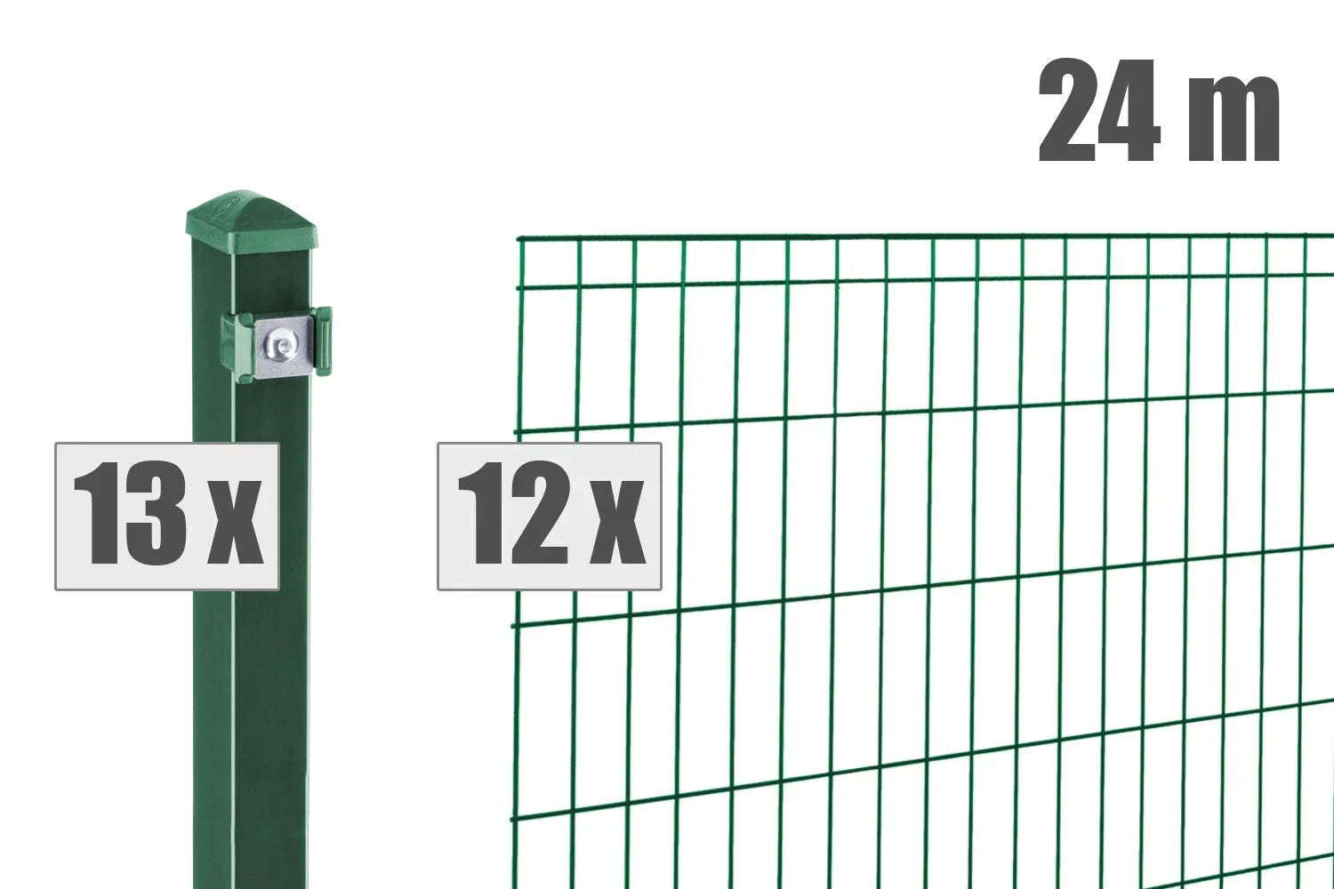 Doppelstabmattenzaun Set grün, 24m Länge, mit 13 Pfosten und 12 Zaunelementen für Gartenzaun.