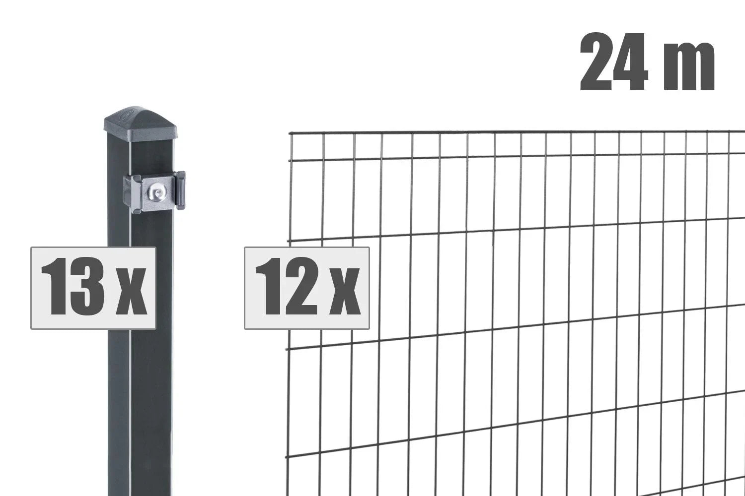Doppelstabmattenzaun Set 24m mit 12 Zaunmatten und 13 Pfosten, Metallzaun anthrazit