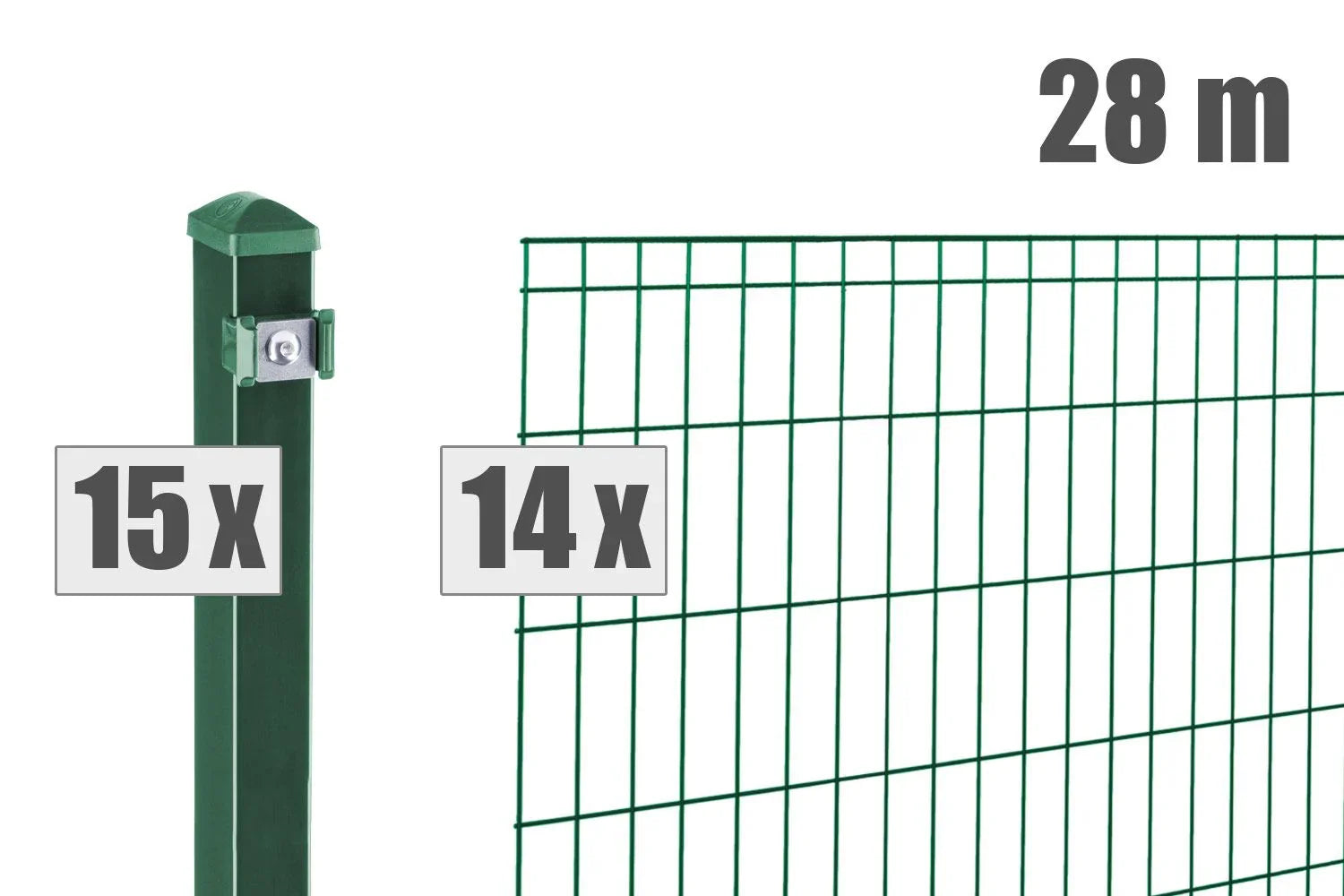 Grünes Doppelstabmattenzaun Set, 28 Meter, 15 Pfosten, 14 Zaunfelder, stabile Metallkonstruktion.