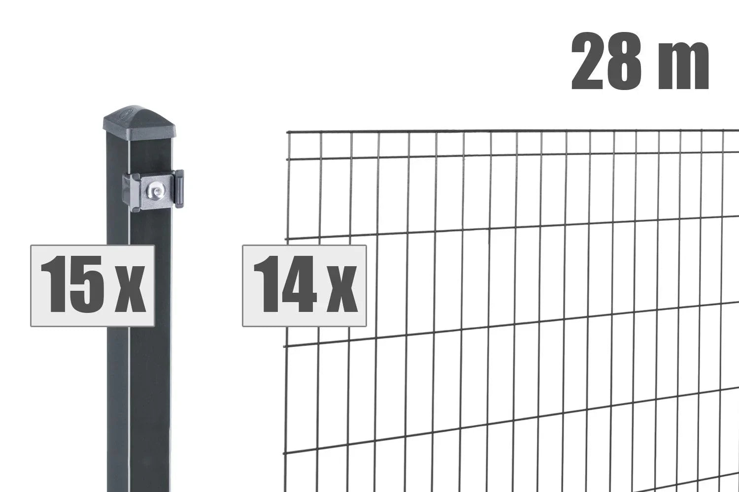 Doppelstabmattenzaun Set, 28 Meter, anthrazit, mit 15 Pfosten und 14 Zaunmatten