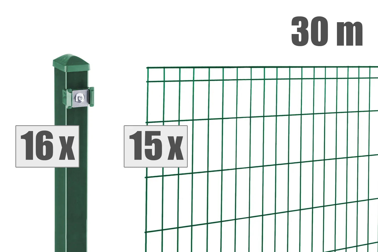 Grüner Doppelstabmattenzaun mit 16 Pfosten und 15 Zaunelementen, Länge 30 Meter