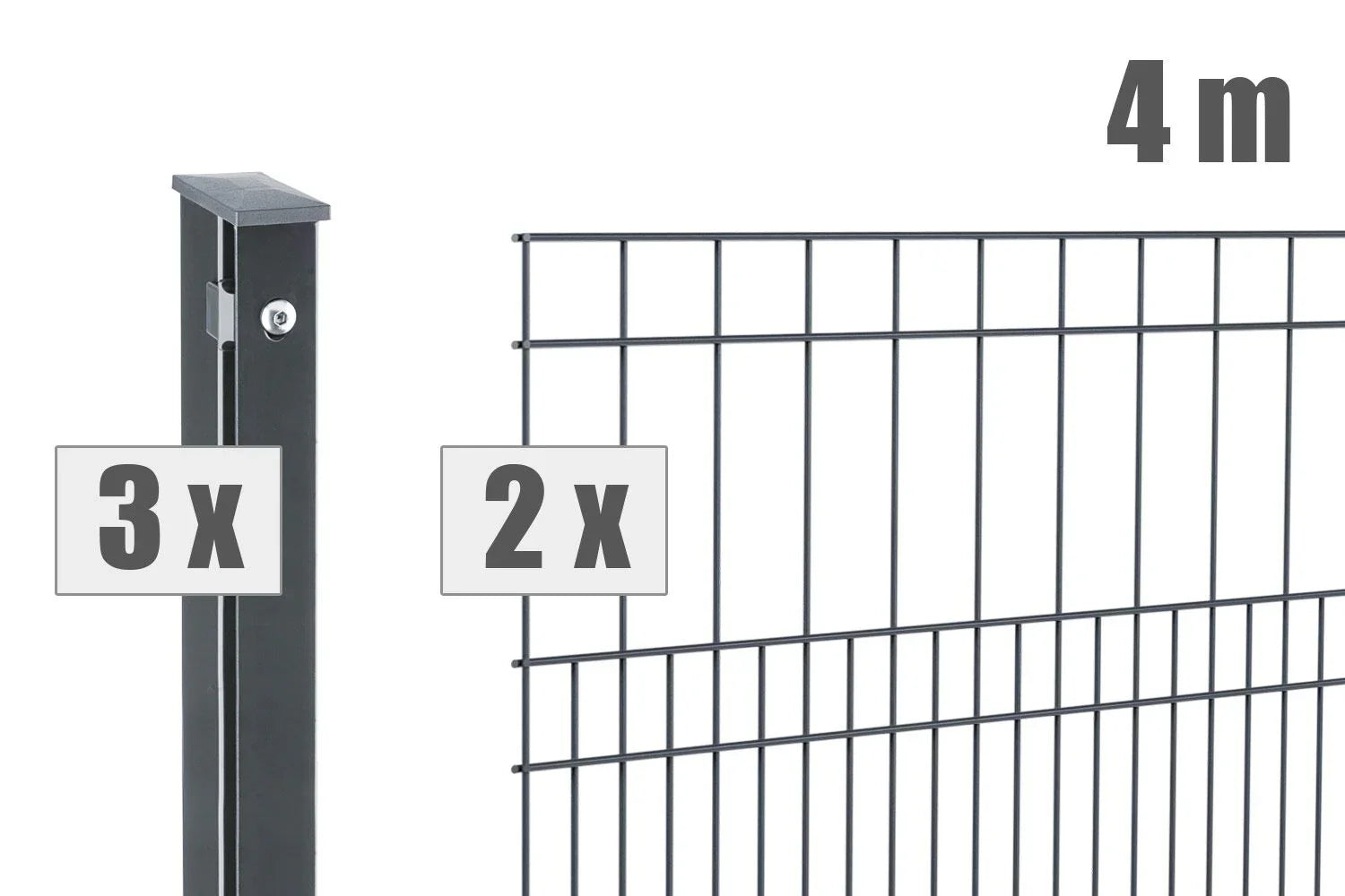 Doppelstabmattenzaun Set, 4 Meter, 2 Zaunelemente, 3 Pfosten, anthrazit, Metall, stabil