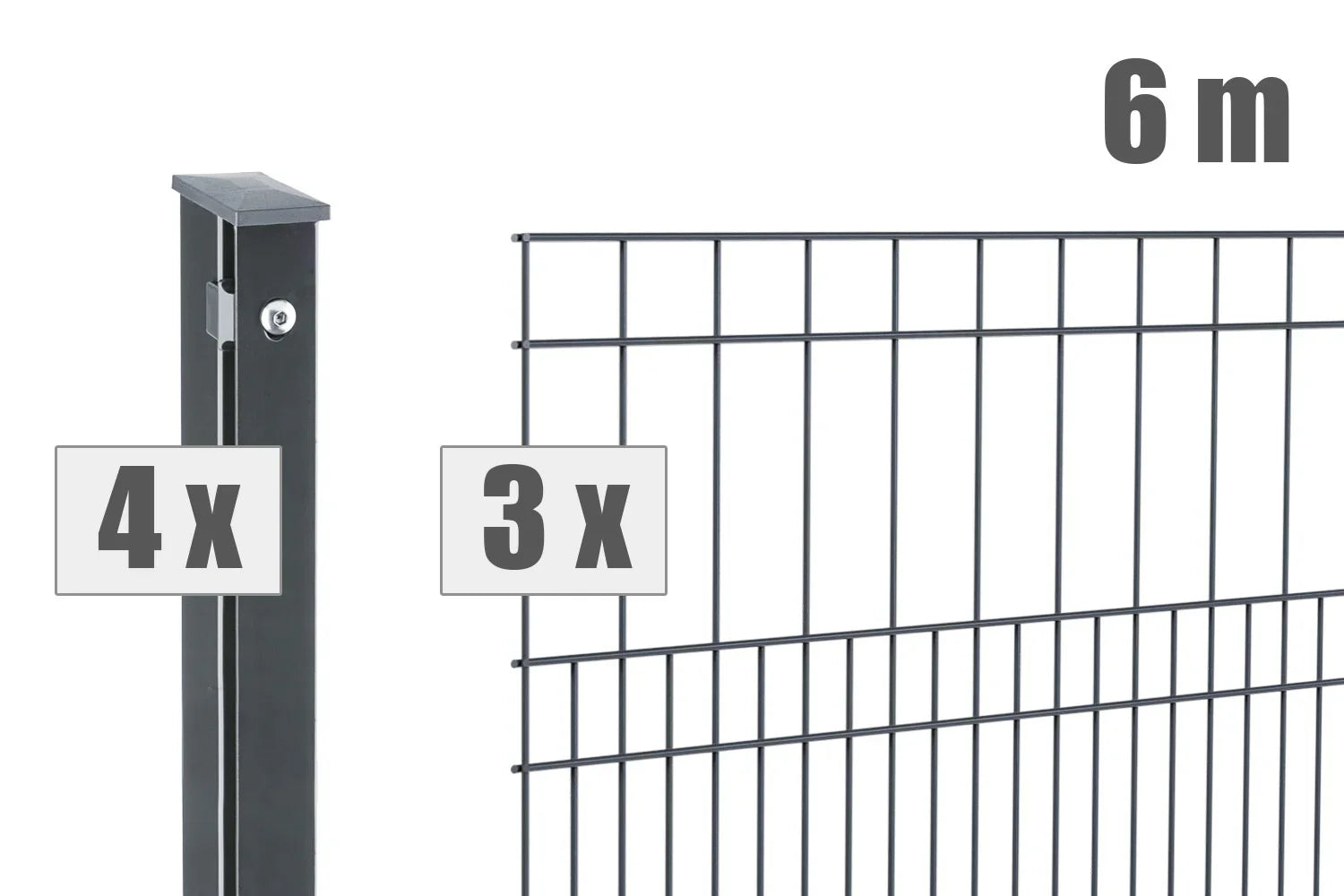 Doppelstabmattenzaun Set mit 4 Pfosten und 3 Zaunfeldern, anthrazit, 6 Meter Länge