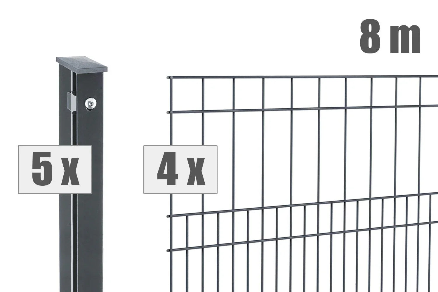 Doppelstabmattenzaun Set: 4 Zaunfelder, 5 Pfosten, anthrazit, 8 Meter Länge