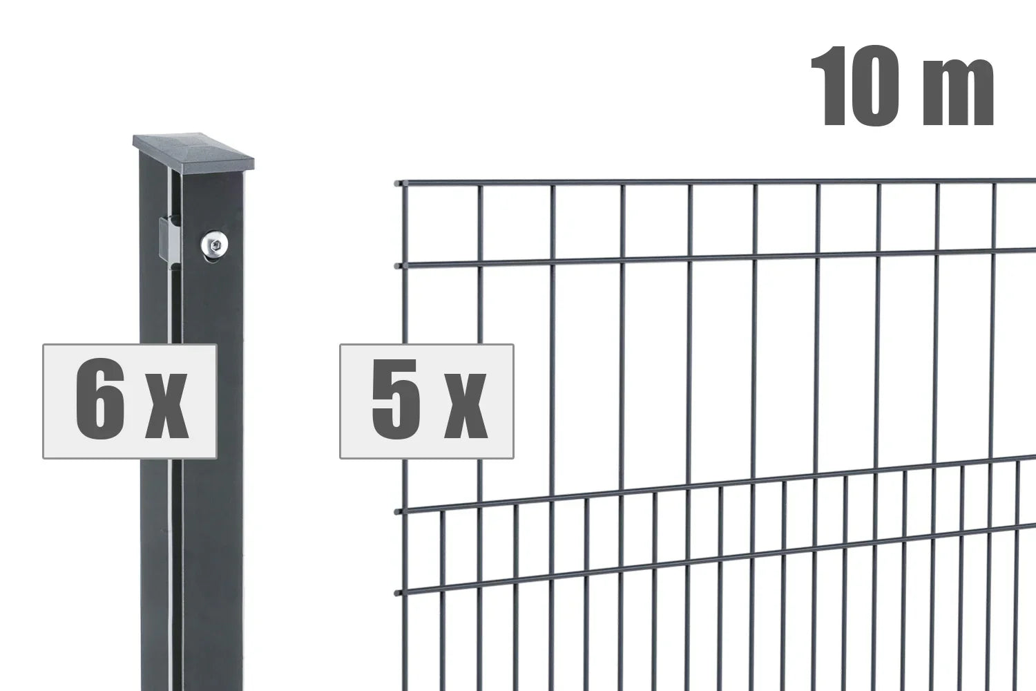 Doppelstabmattenzaun Set, 10m Länge, 6 Pfosten und 5 Zaunmatten, anthrazit, Metallzaun für Garten