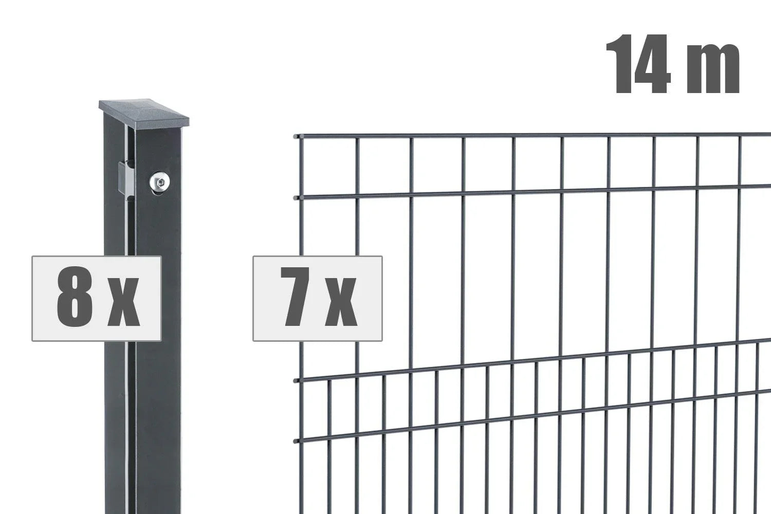 Doppelstabmattenzaun Set 14m, anthrazit, mit 8 Pfosten und 7 Gittermatten, Metallzaun
