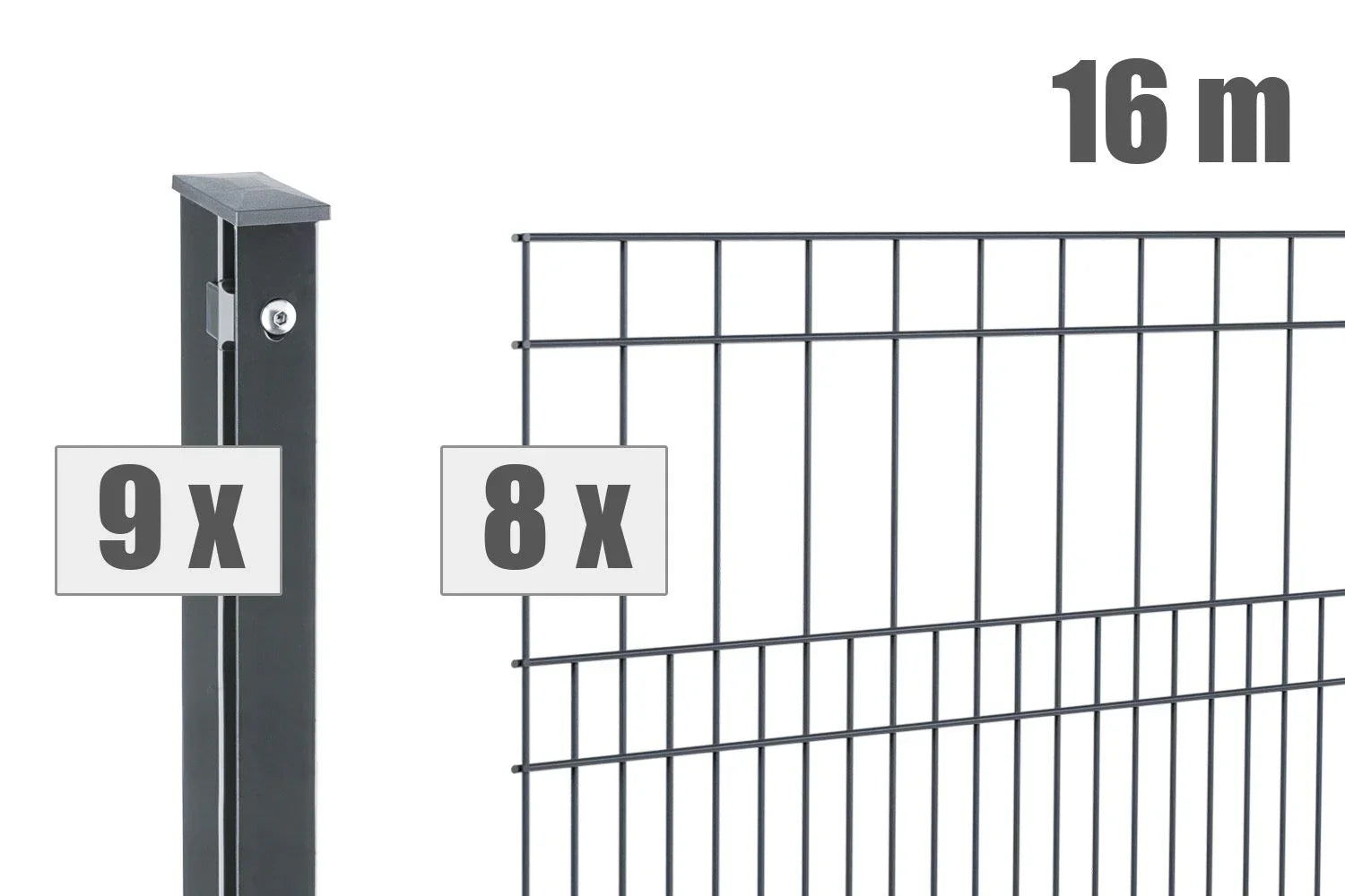 Doppelstabmattenzaun Set 16m, anthrazit, mit 9 Pfosten und 8 Zaunmatten, Metallzaun