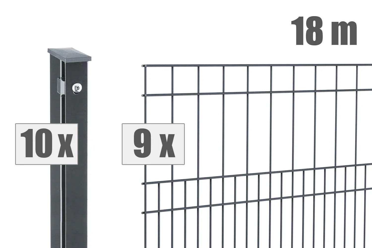 Doppelstabmattenzaun Set 18m, anthrazit, mit 9 Zaunfeldern und 10 Pfosten für Gartenzaun