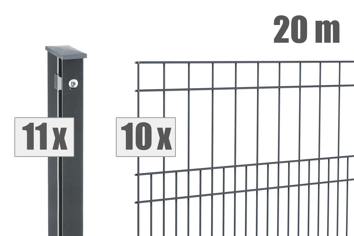 Doppelstabmattenzaun Set 20m, anthrazit, mit Pfosten und Zaunfeldern, Metallzaun für Garten