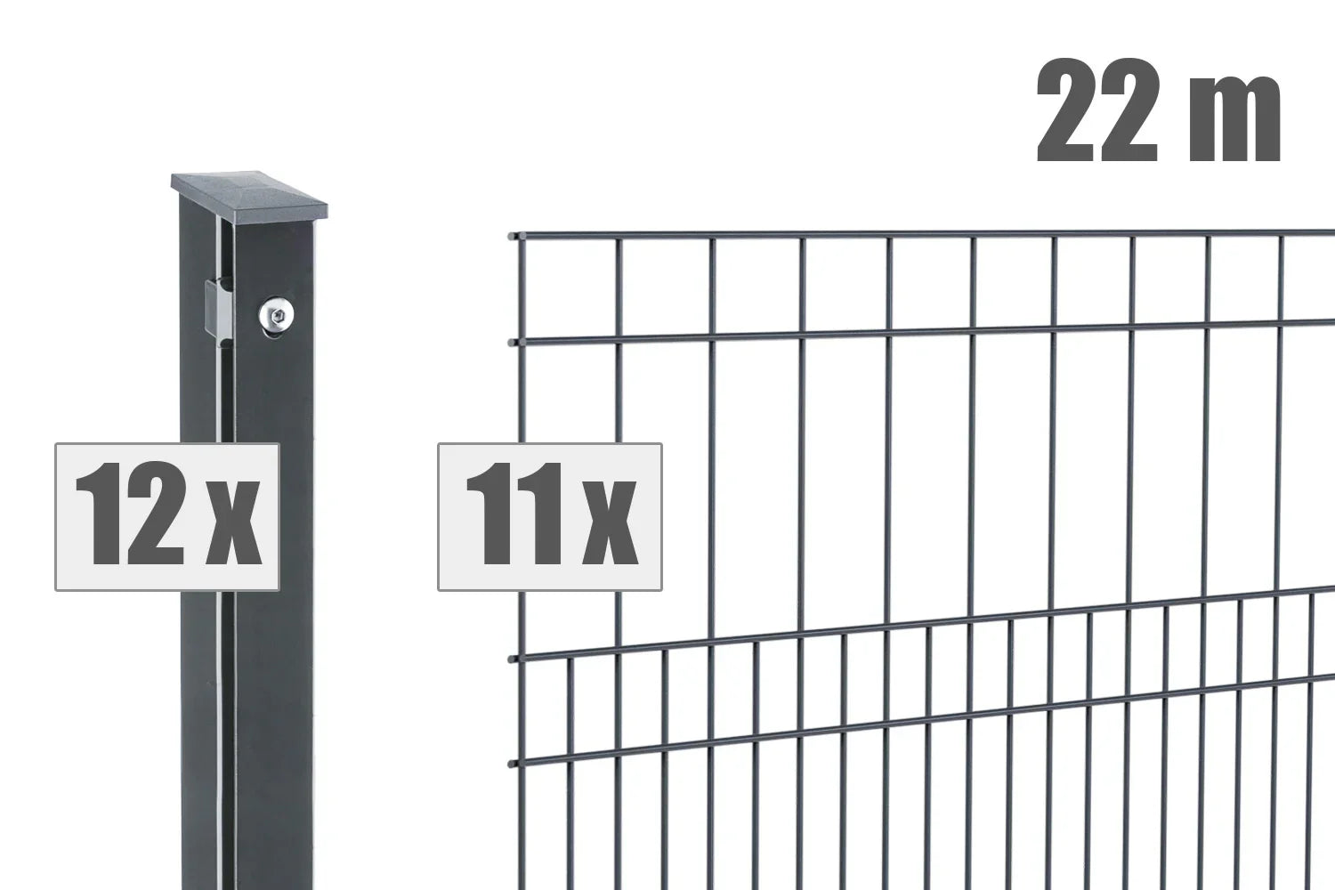 Doppelstabmattenzaun Set, 22 Meter Länge, 11 Zaunfelder, 12 Pfosten in Anthrazit