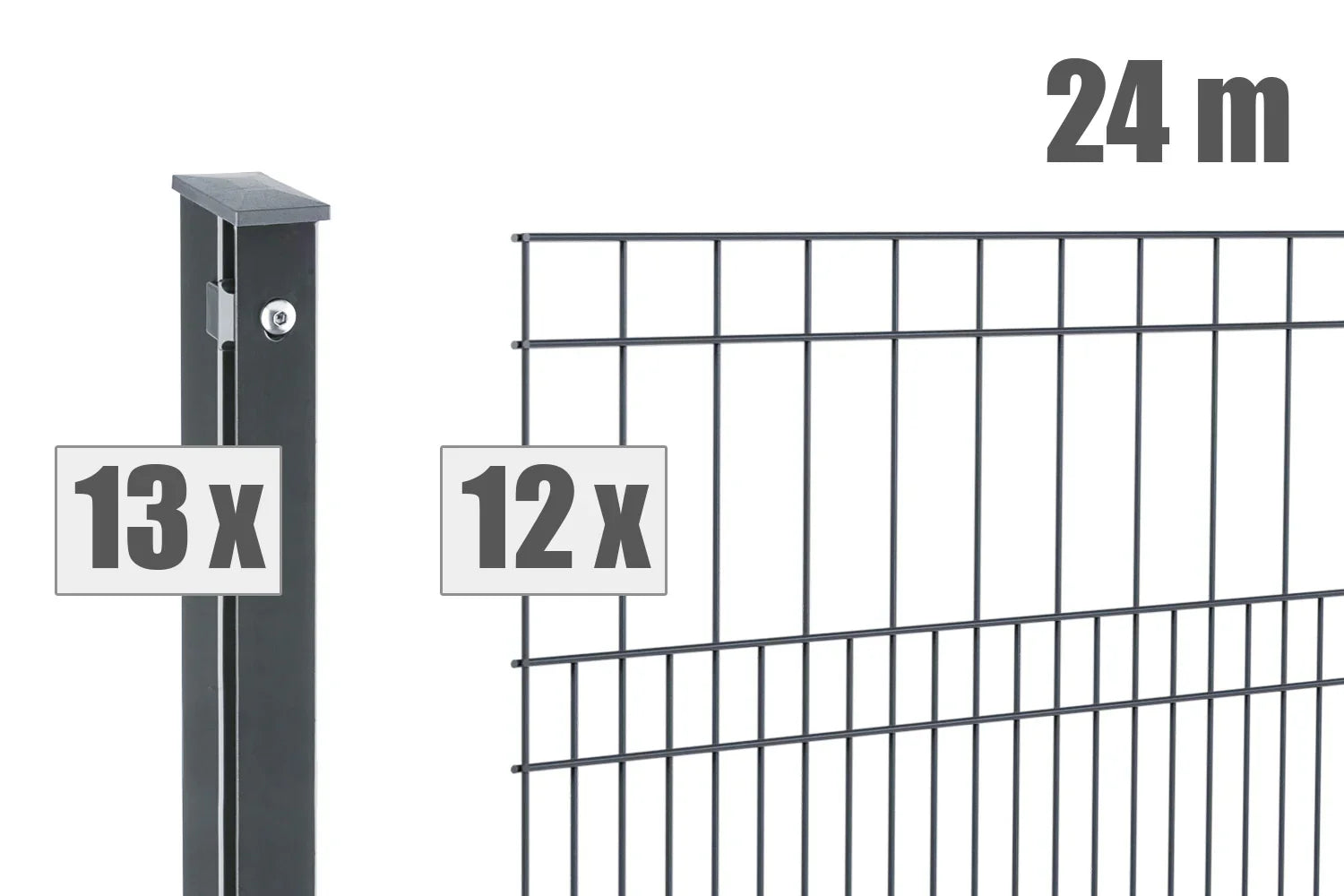 Doppelstabmattenzaun Set 24m in Anthrazit mit 12 Zaunmatten und 13 Pfosten, Metallzaun für Garten und Grundstück