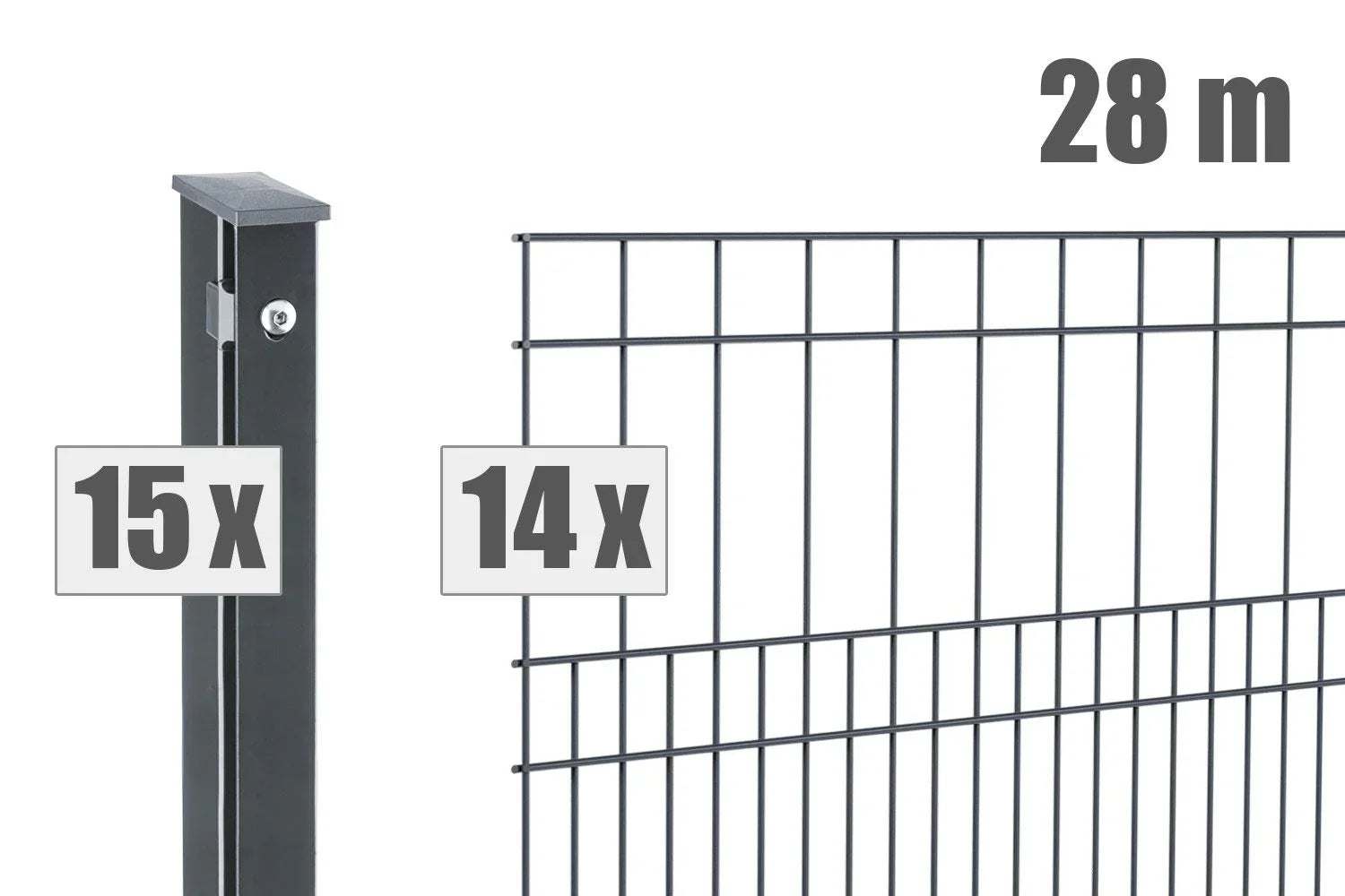 Doppelstabmattenzaun Set mit 15 Pfosten und 14 Zaunfeldern in Anthrazit, 28 Meter Länge