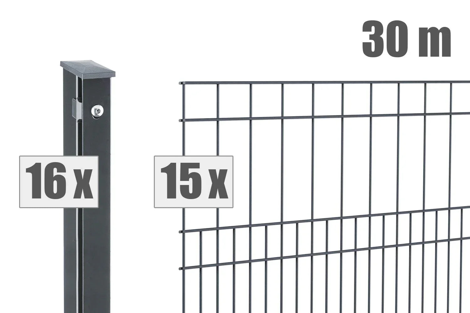 Doppelstabmattenzaun Set aus 16 Pfosten und 15 Zaunfeldern, 30 Meter, anthrazit, Metallzaun