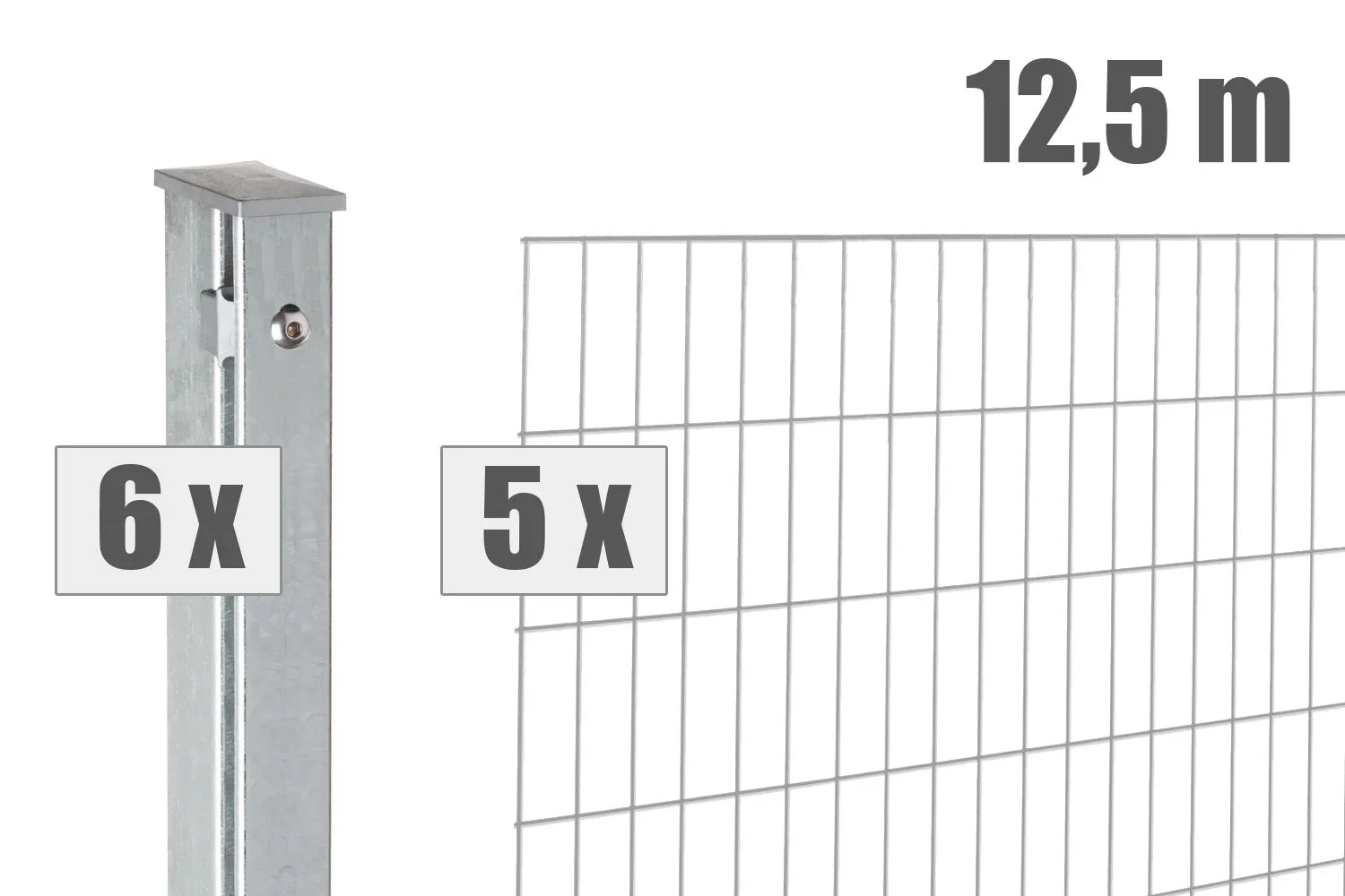 Set Doppelstabmattenzaun 12,5 m mit 6 Pfosten und 5 Zaunelementen, verzinkt, Metallzaun