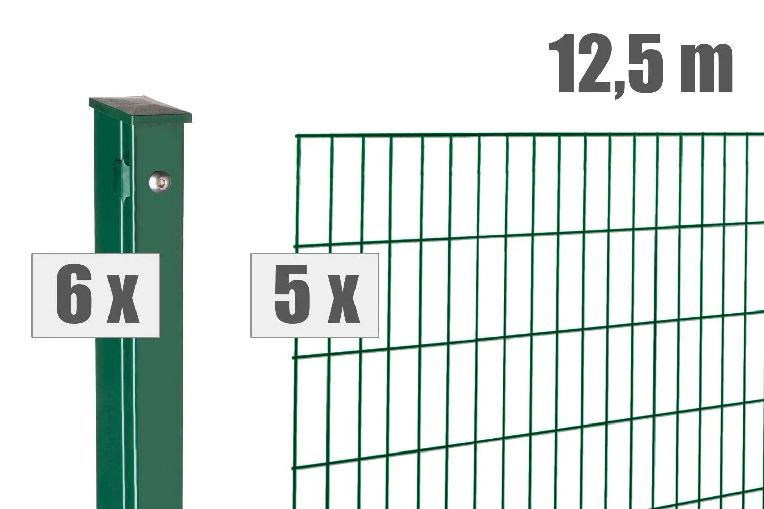 Grünes Doppelstabmattenzaun Set mit 6 Pfosten, 5 Zaunfeldern, Länge 12,5 Meter