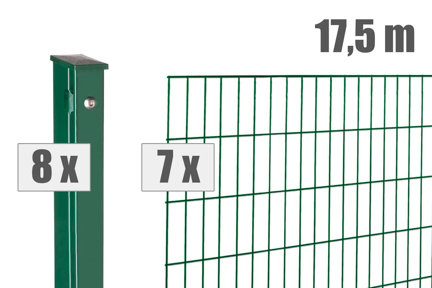 Doppelstabmattenzaun Set grün, 8 Pfosten, 7 Zaunelemente, 17,5 Meter Länge, Metallzaun