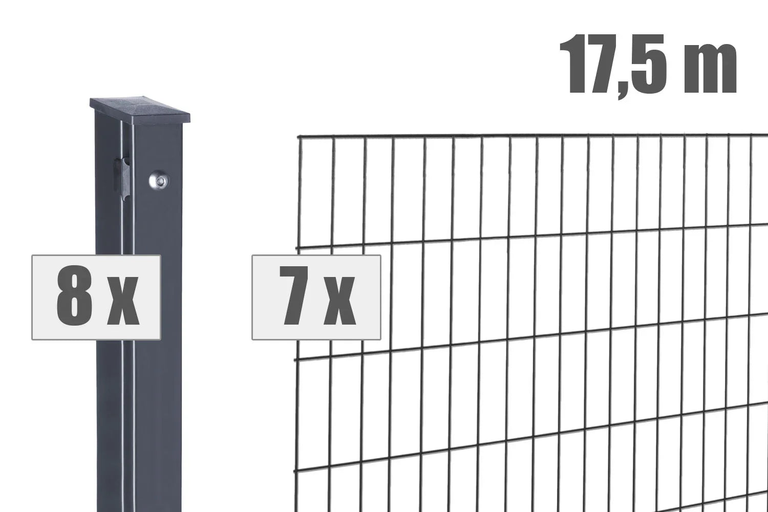 Doppelstabmattenzaun Set 17,5m anthrazit mit 8 Pfosten und 7 Zaunfeldern, Metallzaun