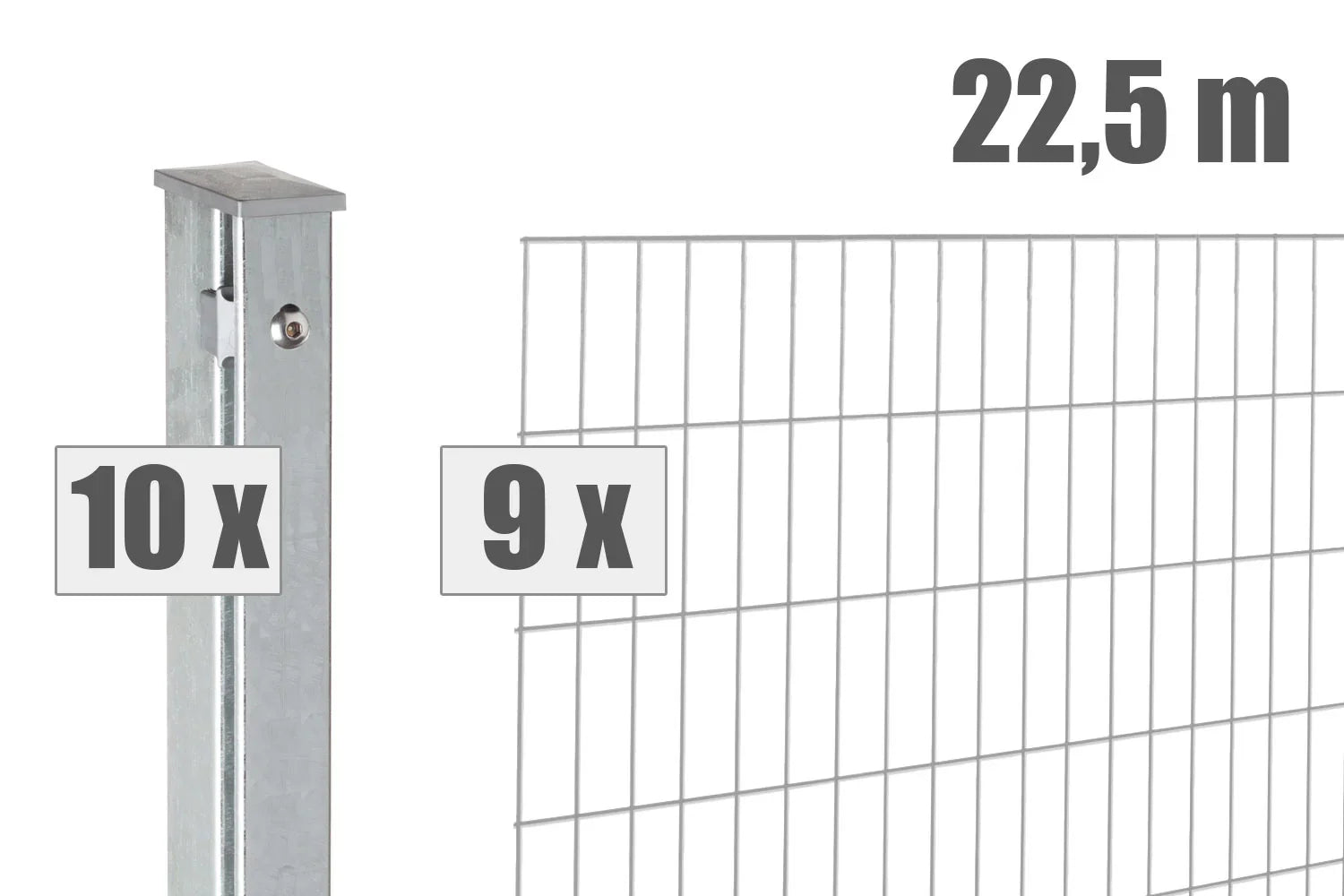 Doppelstabmattenzaun Set, 22,5 m, 9 Zaunmatten, 10 Pfosten, verzinkt, für Garten oder Grundstück