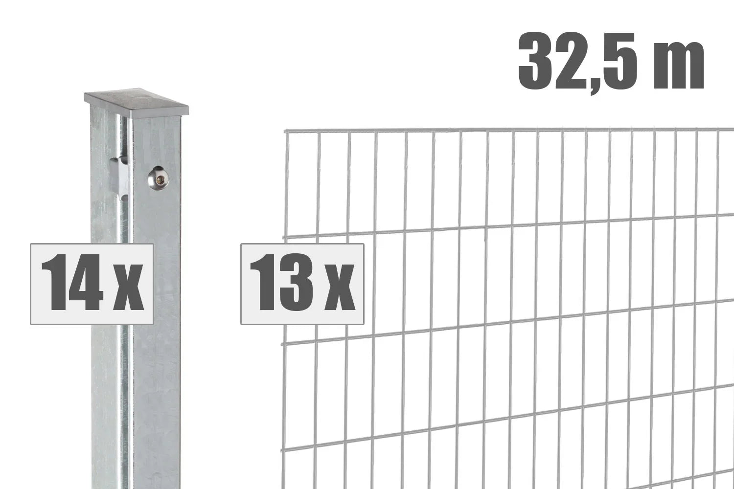 Doppelstabmattenzaun Set, 32,5 m Länge, 13 Zaunfelder, 14 Metallpfosten