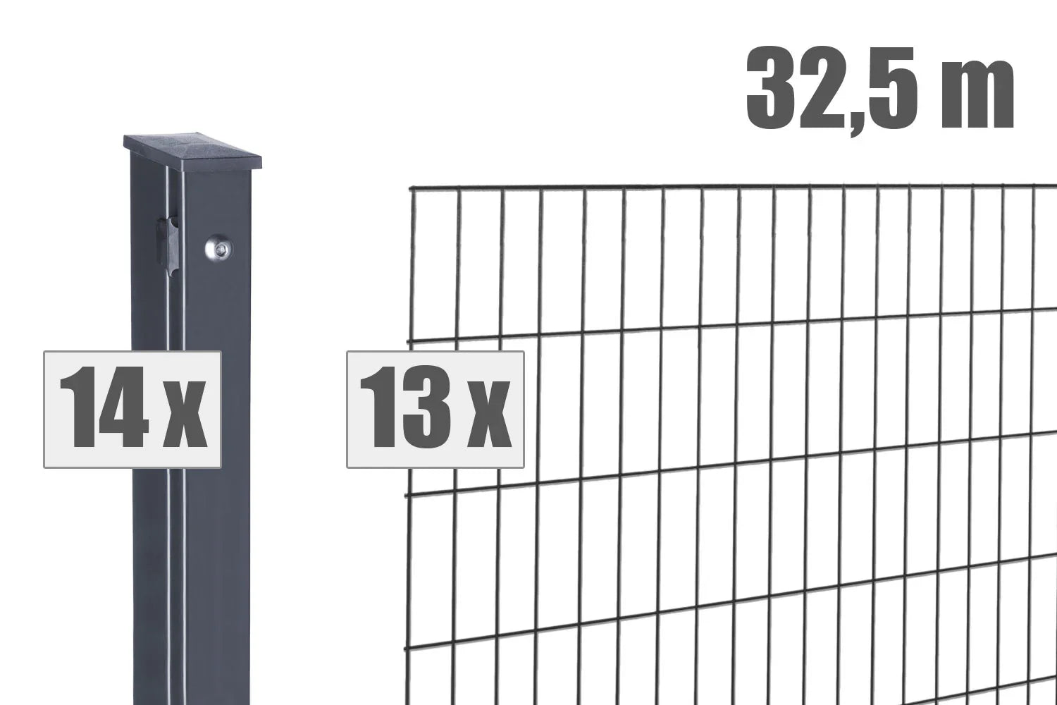 Doppelstabmattenzaun Set anthrazit, 32,5 m lang, 13 Zaunfelder, 14 Pfosten