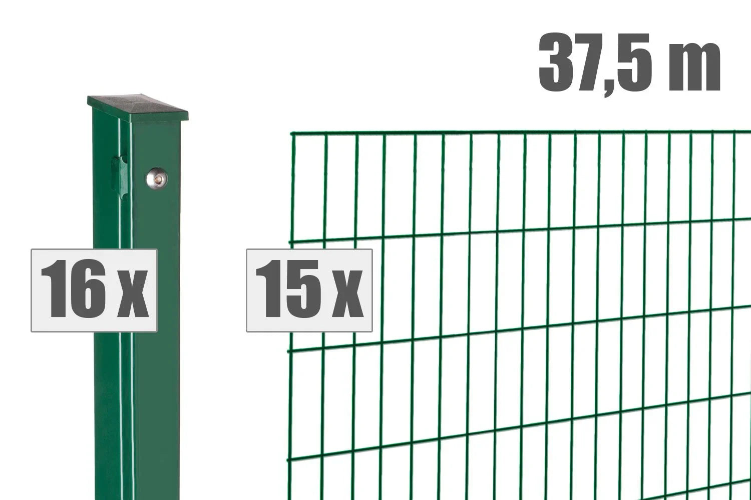 Grüner Doppelstabmattenzaun mit 16 Pfosten, 15 Zaunmatten, Länge 37,5 Meter, Metallzaun Set