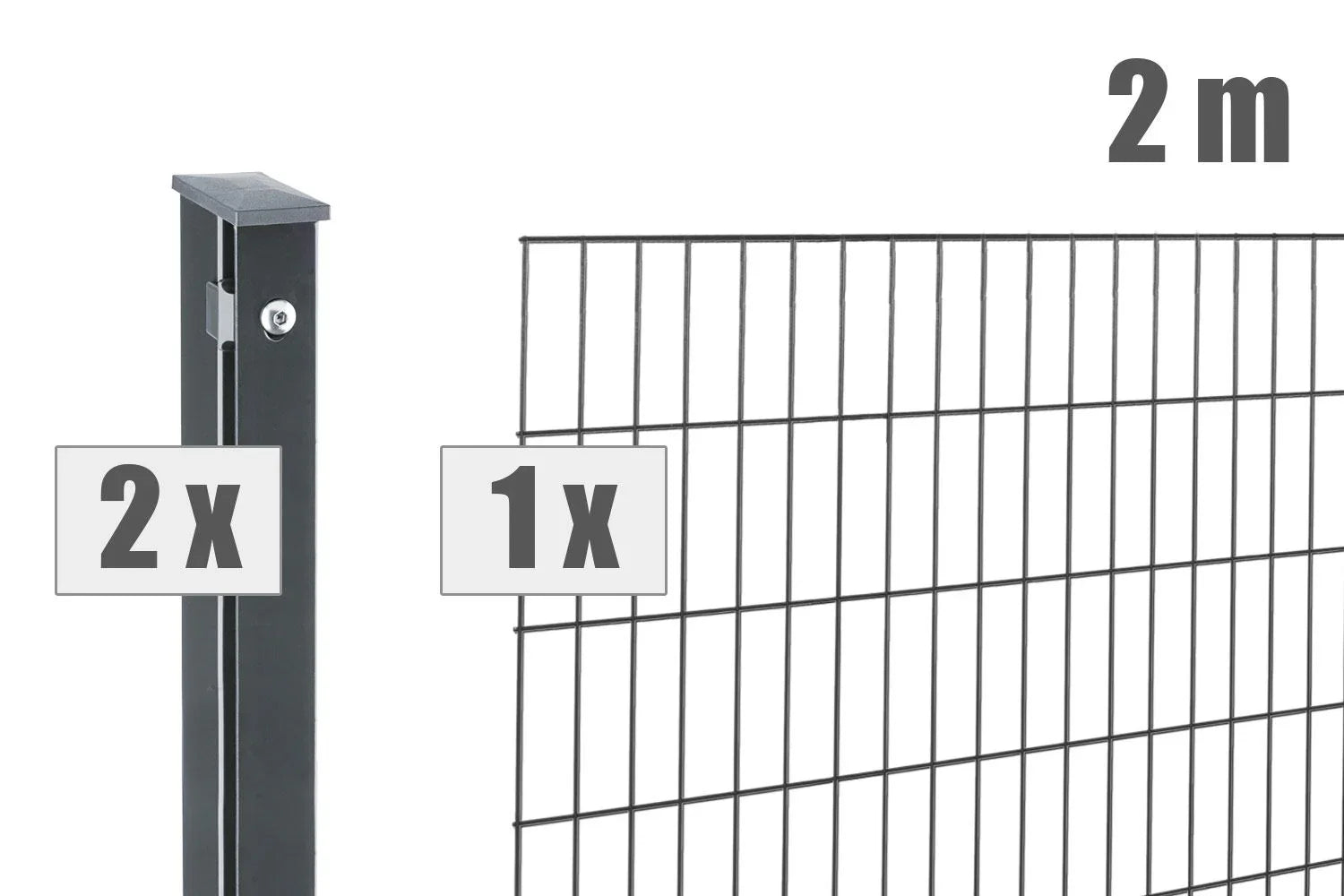 Doppelstabmattenzaun Set mit 2 Pfosten und 1 Zaunmatte, 2 Meter breit, anthrazit