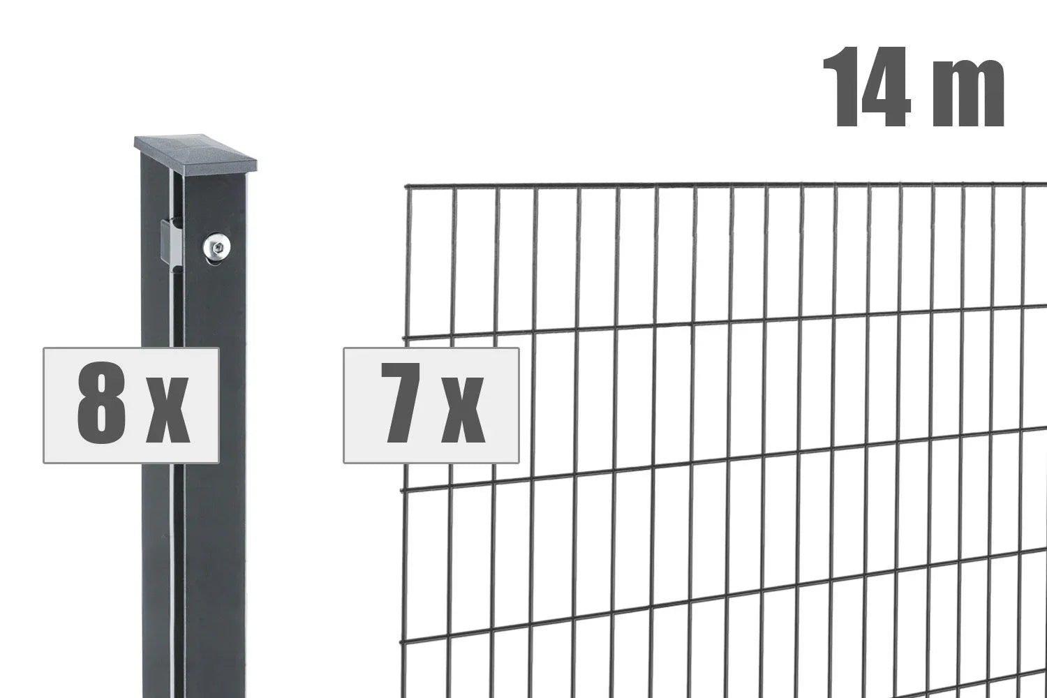Doppelstabmattenzaun Set anthrazit, 14 Meter, mit 8 Pfosten und 7 Zaunfeldern
