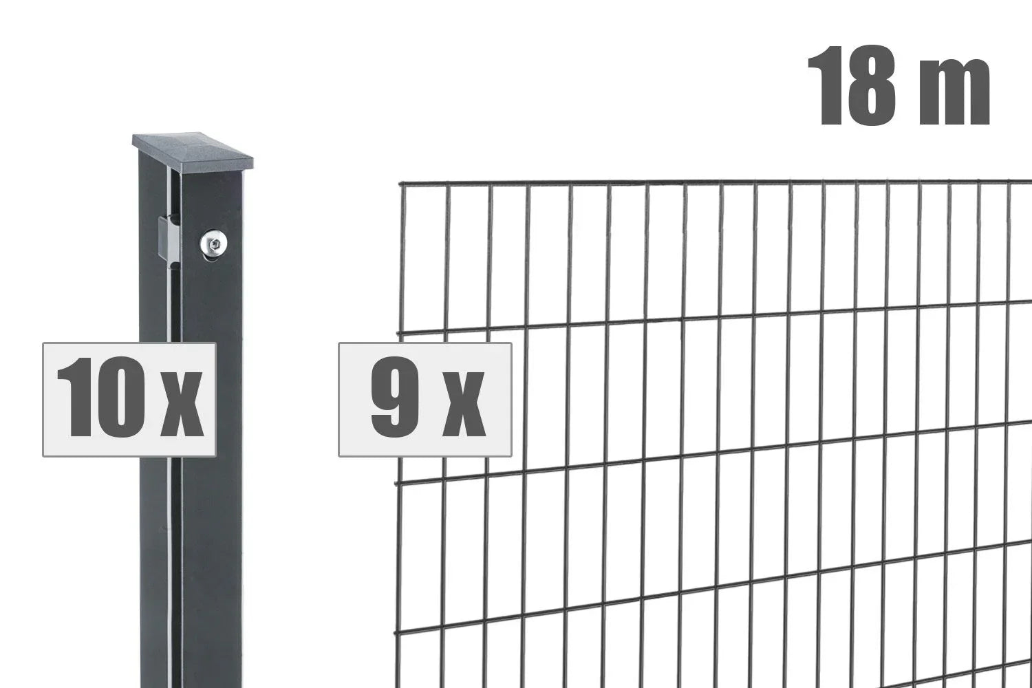 Set aus Doppelstabmattenzaun, 10 Pfosten und 9 Zaunelementen, 18 Meter Länge