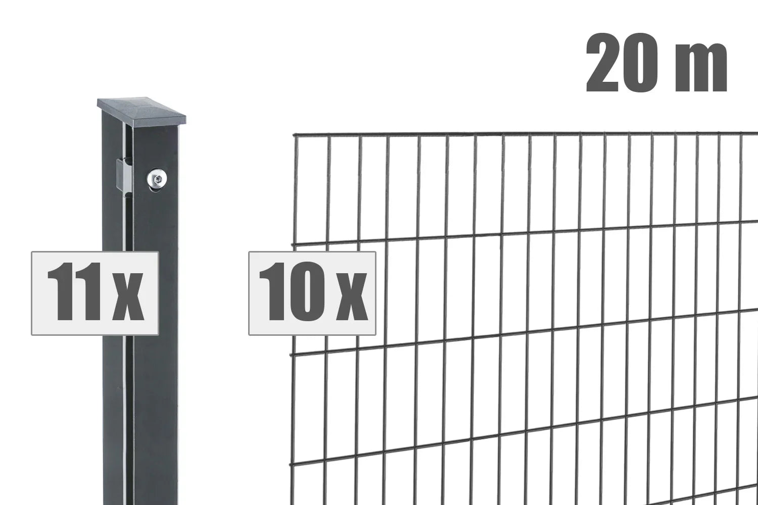 Doppelstabmattenzaun Set 20m anthrazit, 10 Zaunelemente, 11 Pfosten, Metallzaun für Garten