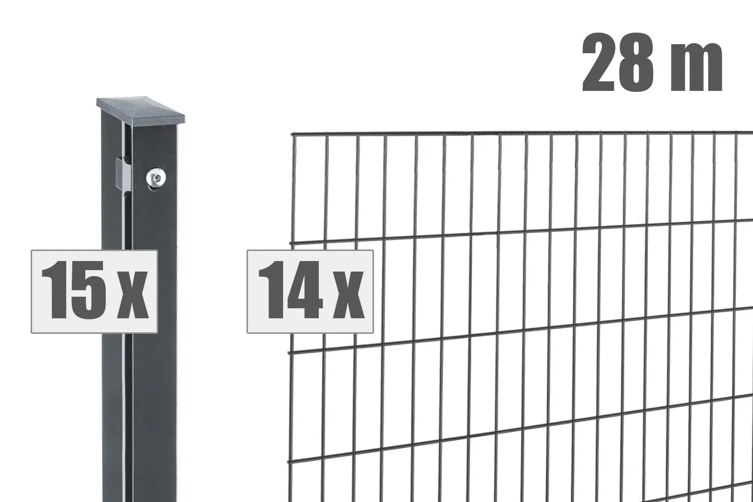 Doppelstabmattenzaun Set, 28 Meter Länge, 14 Zaunfelder, 15 Pfosten, anthrazit, Metallzaun