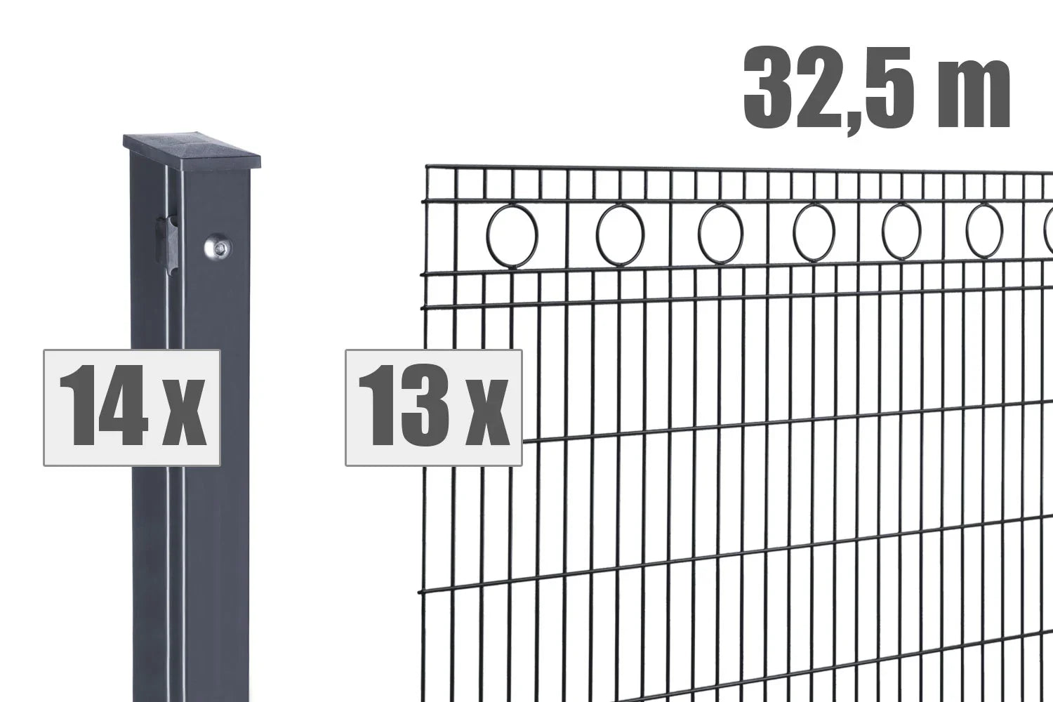 Metallzaun mit Pfosten und Maßangaben
