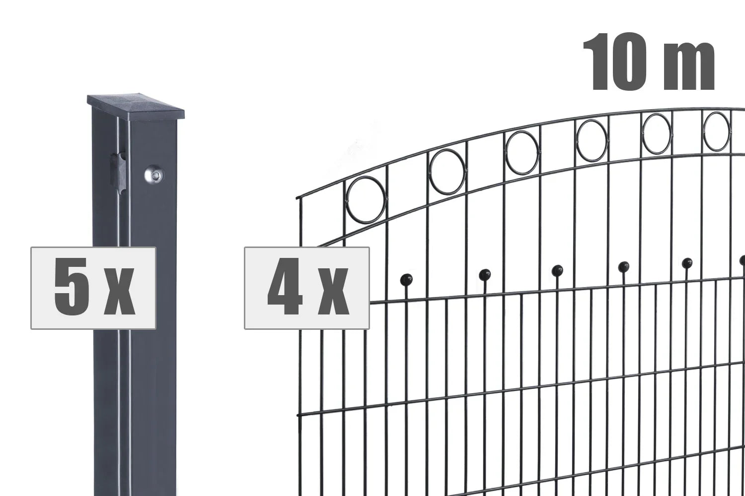 Doppelstabmattenzaun Set, 10 Meter, anthrazit, mit 5 Pfosten und 4 Zaunfeldern, Schmuckelemente im Bogen