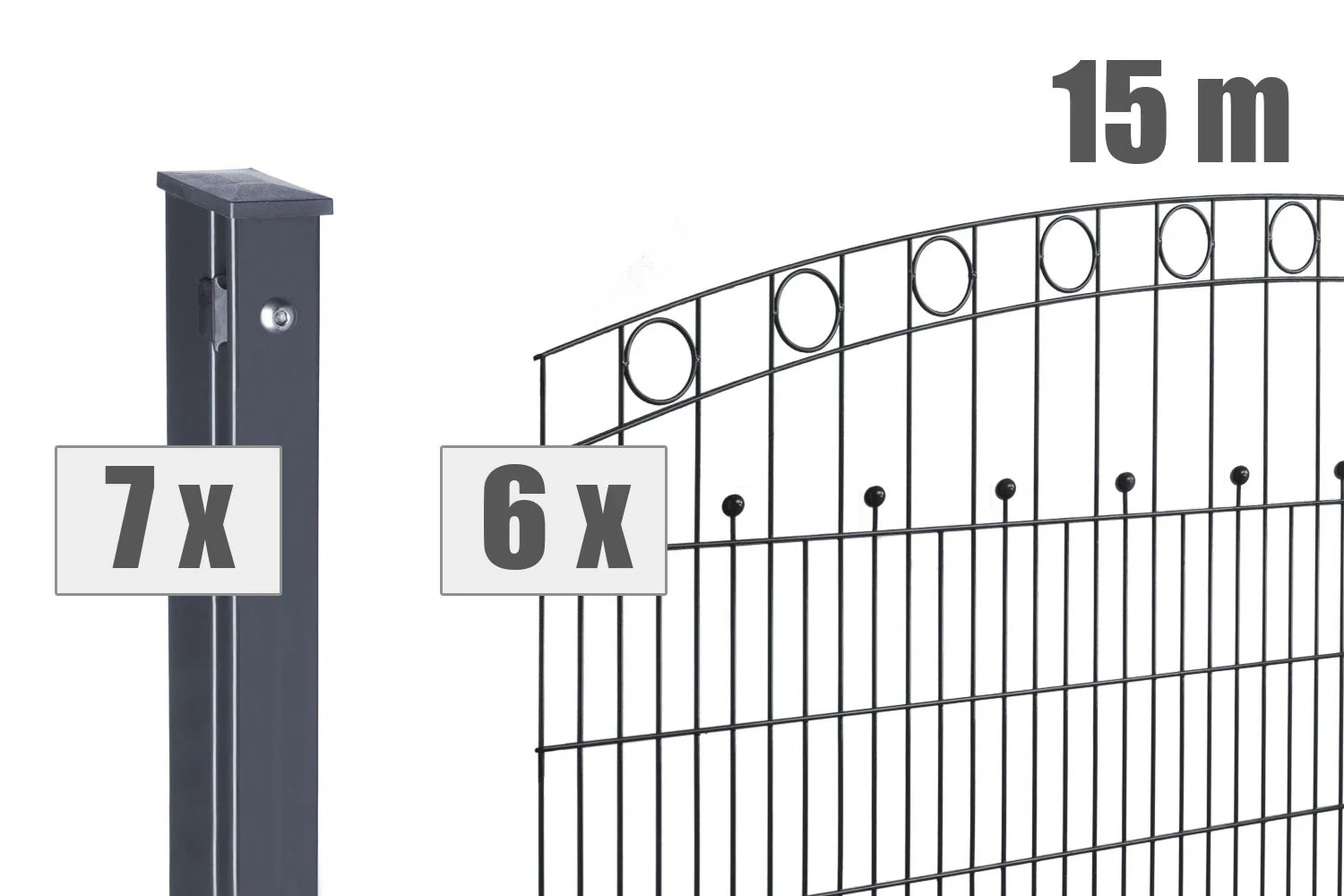 Doppelstabmattenzaun Set mit 6 Zaunelementen und 7 Pfosten, 15 Meter, dekorativ mit Kreisen.