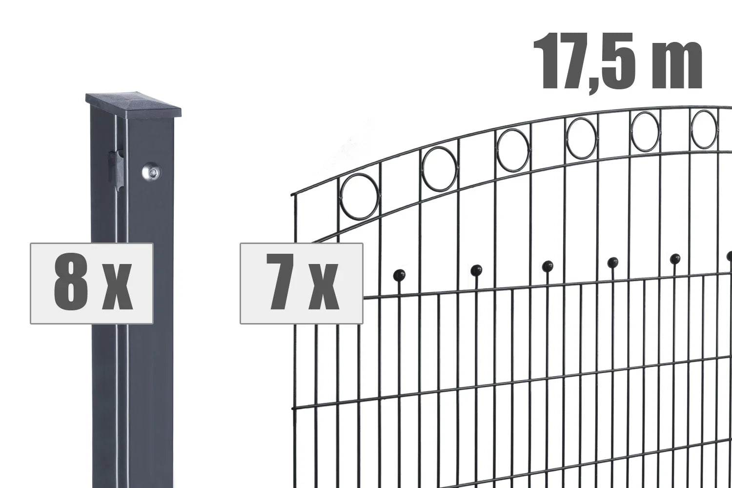 Doppelstabmattenzaun Set 17,5 m anthrazit mit 7 Zaunelementen und 8 Pfosten, Schmuckornamente oben