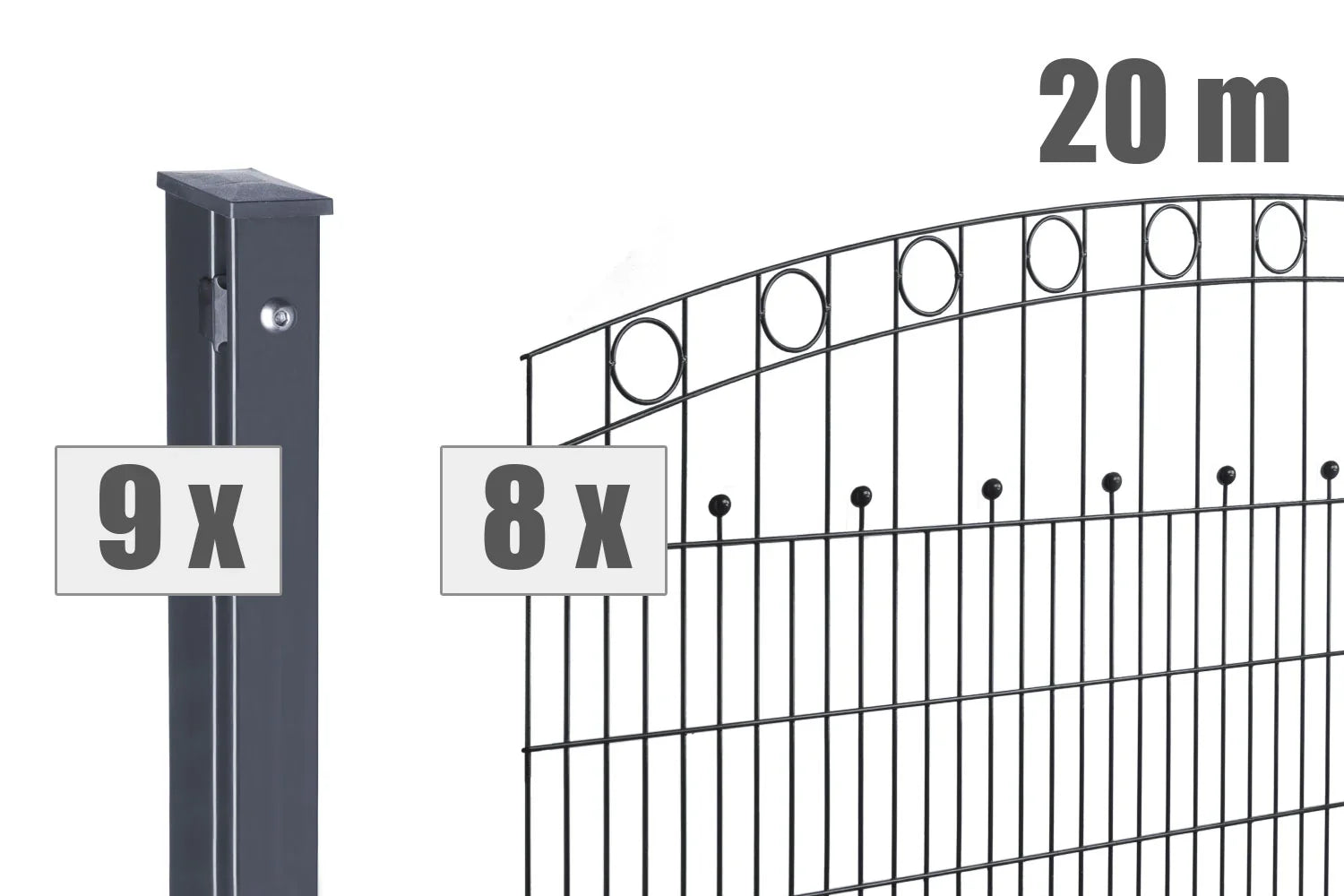 Doppelstabmattenzaun Set 20m anthrazit, 8 Zaunelemente mit Zierkreisen, 9 Pfosten