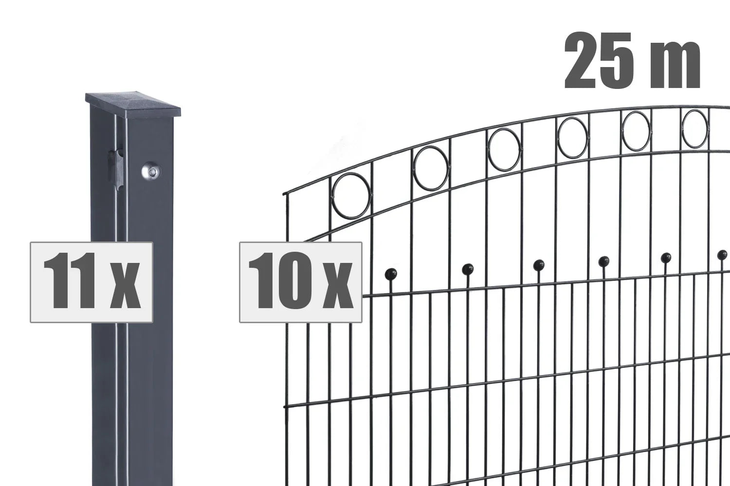 Doppelstabmattenzaun Set mit 11 Pfosten und 10 Zaunelementen, 25 Meter, Metall, dekorative Kreise