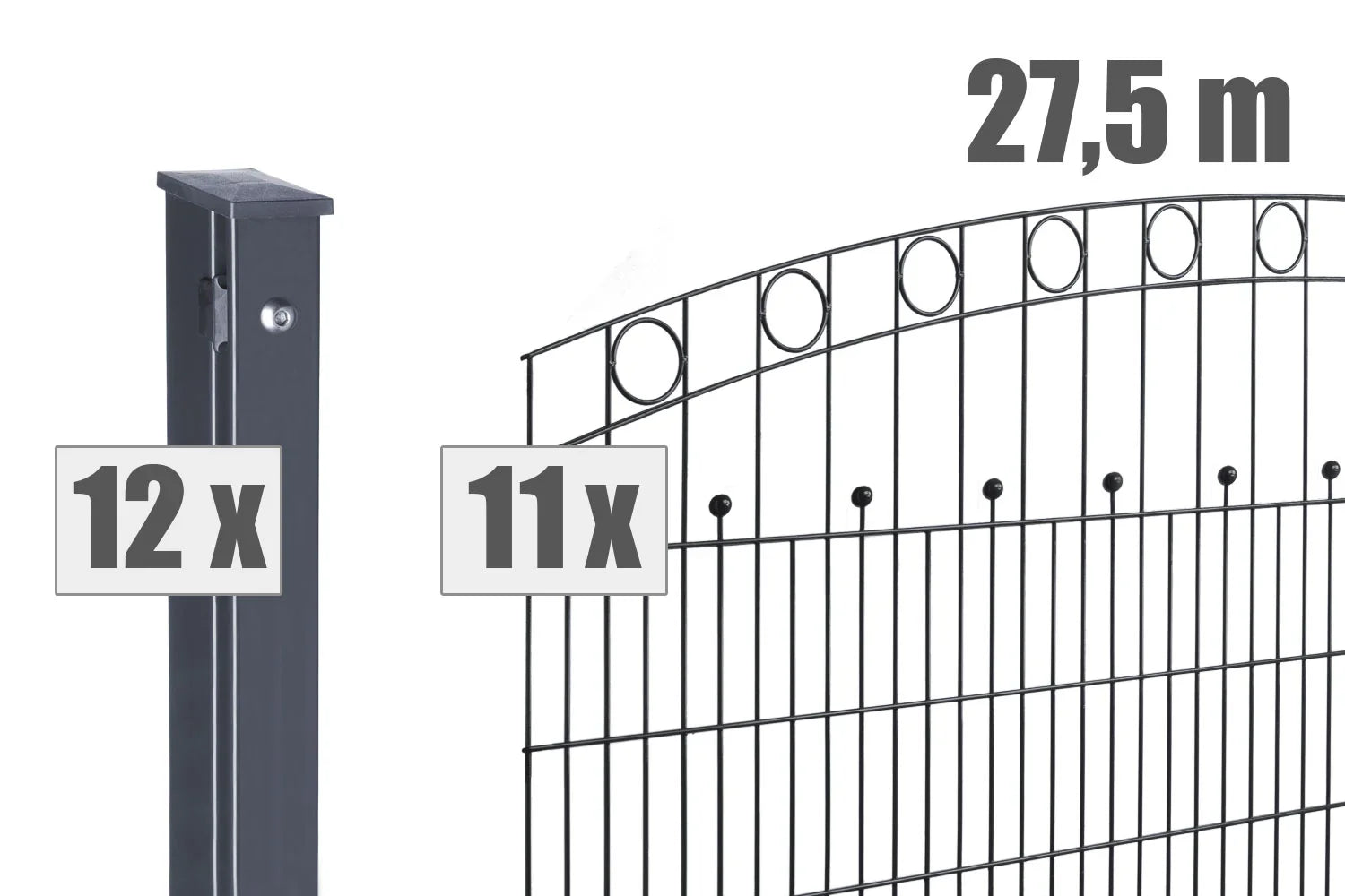 Doppelstabmattenzaun Set mit 27,5 m Länge, 12 Pfosten und 11 Zaunfeldern, anthrazitgrau, Zierzäune mit Rundornamenten.