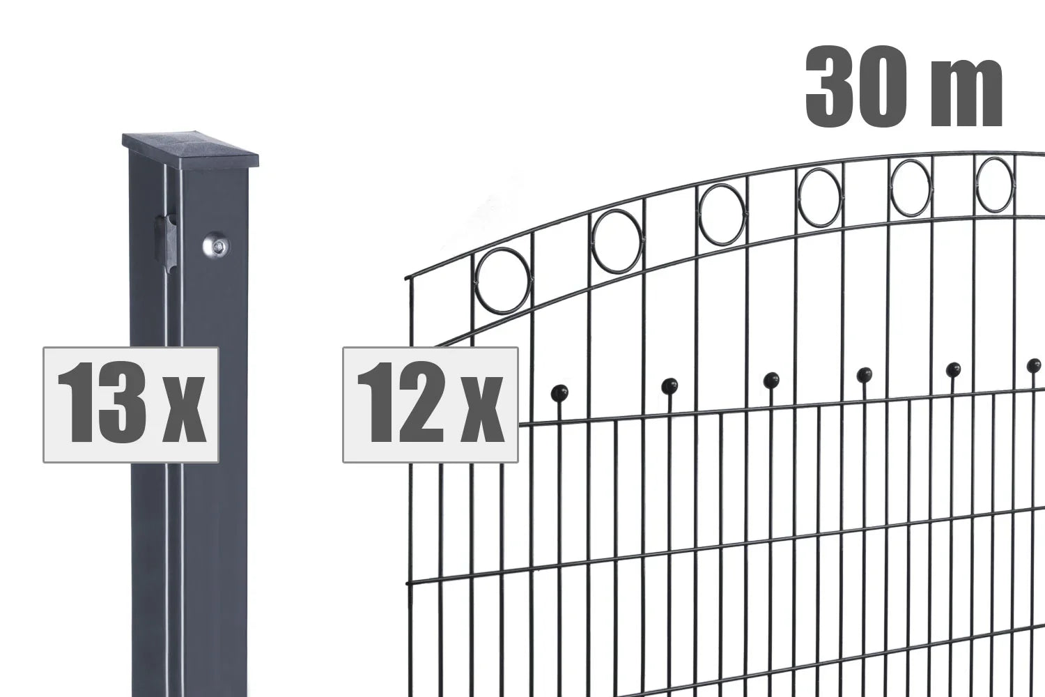 Doppelstabmattenzaun-Set 30m mit Schmuckelementen, 13 Pfosten, 12 Zaunfelder, anthrazit, für Garten
