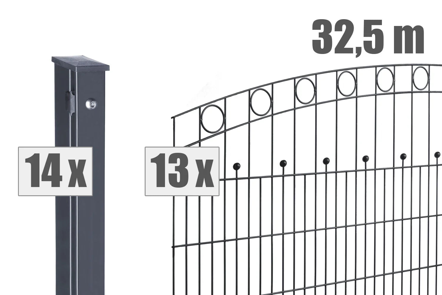 Doppelstabmattenzaun anthrazit mit Zierkreisen, 32,5 Meter lang, 14 Pfosten, 13 Zaunelemente
