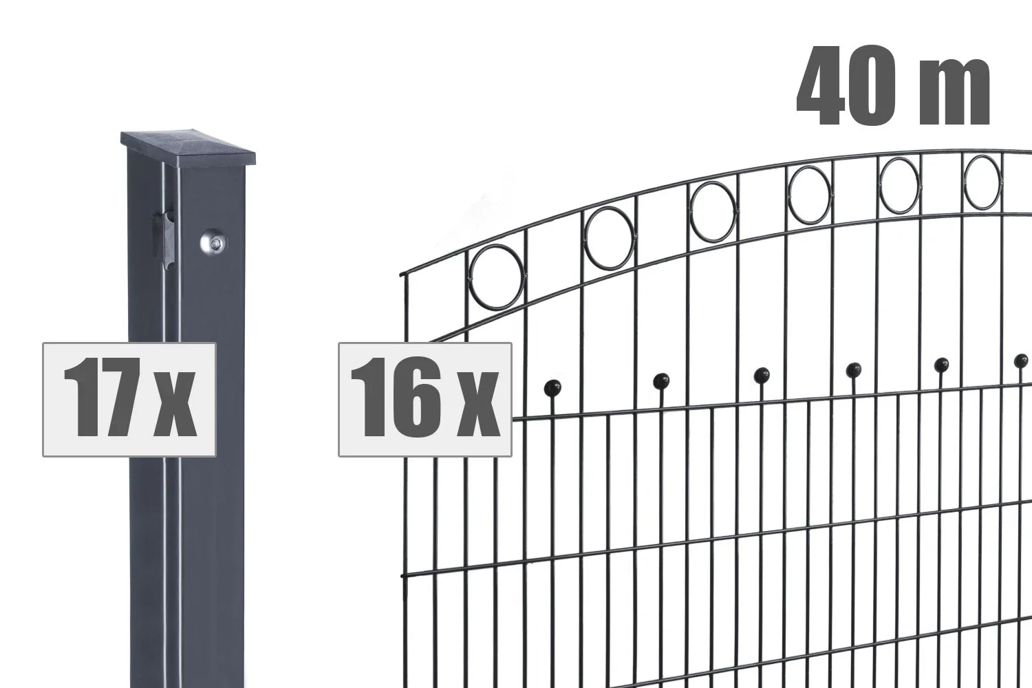 Doppelstabmattenzaun Set 40m anthrazit, 17 Pfosten, 16 Zaunelemente, dekorativer Metallzaun